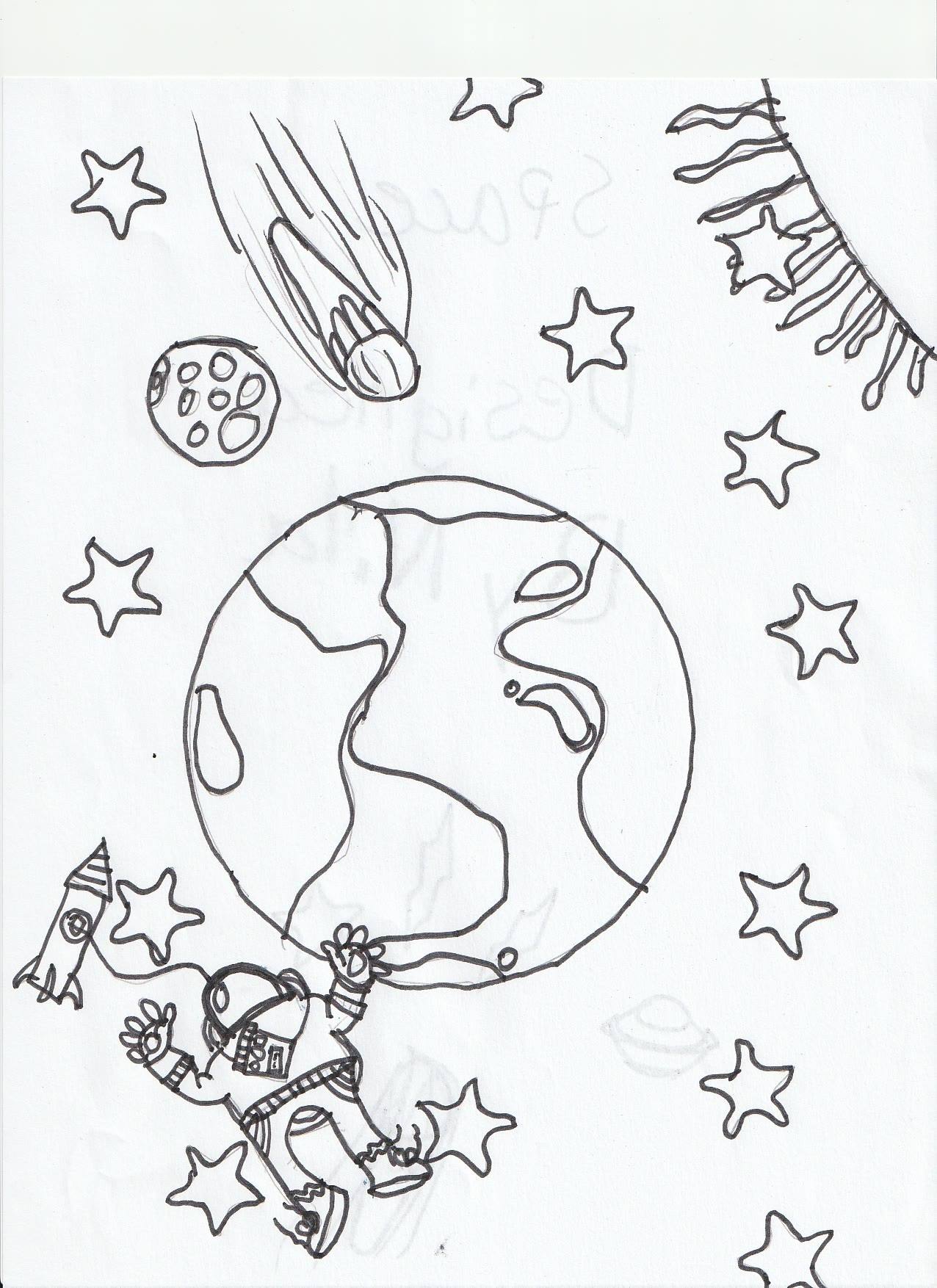 An astronaut floating on a tether beside the Earth, surrounded by stars, a comet and a small rocket.
