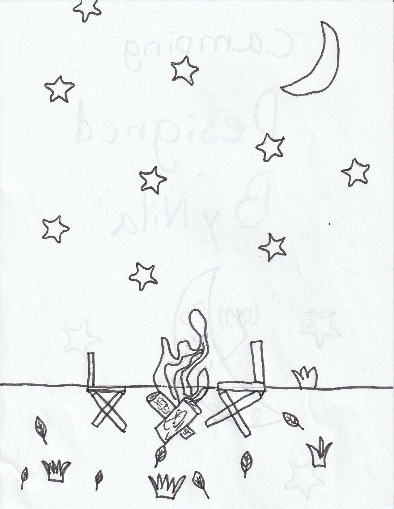 A night camping scene in outline: a crescent moon and stars above a campfire set between two folding chairs, with tufts of grass.