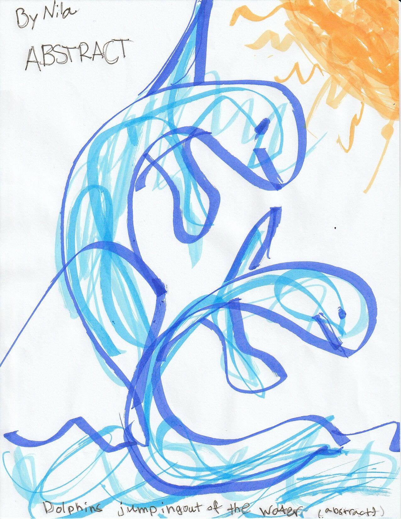Broad blue brushstrokes looping into leaping dolphins over pale water, with an orange sun in the corner.