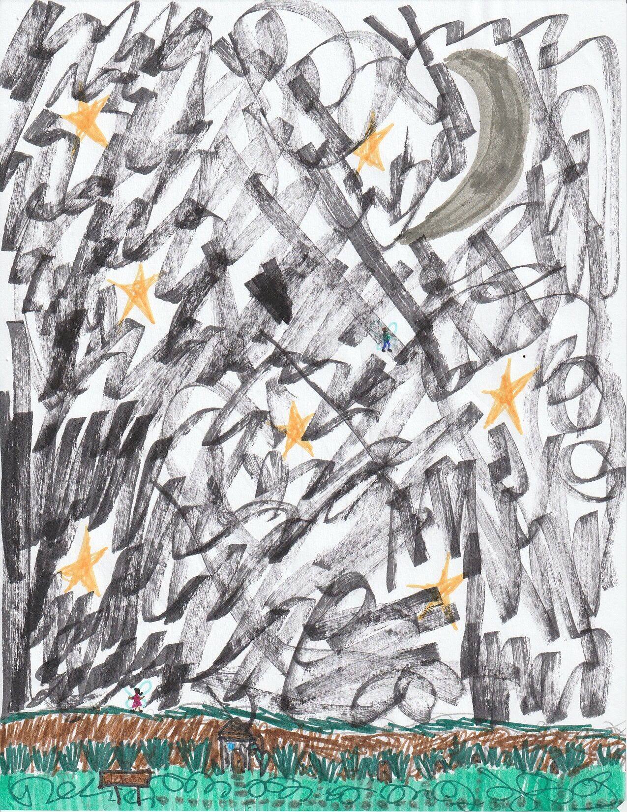 A dense pencil forest at night, drawn in heavy dark strokes, with a moon above and small orange stars glinting between the trees over a strip of green grass.