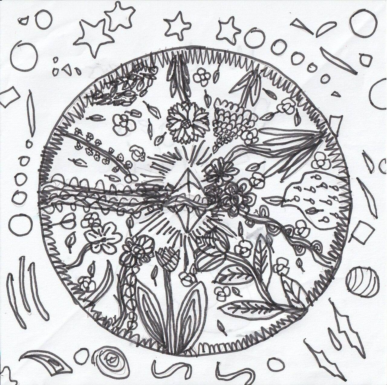 A round mandala packed with flowers, leaves and stars, ringed by small stars, dots and confetti shapes.