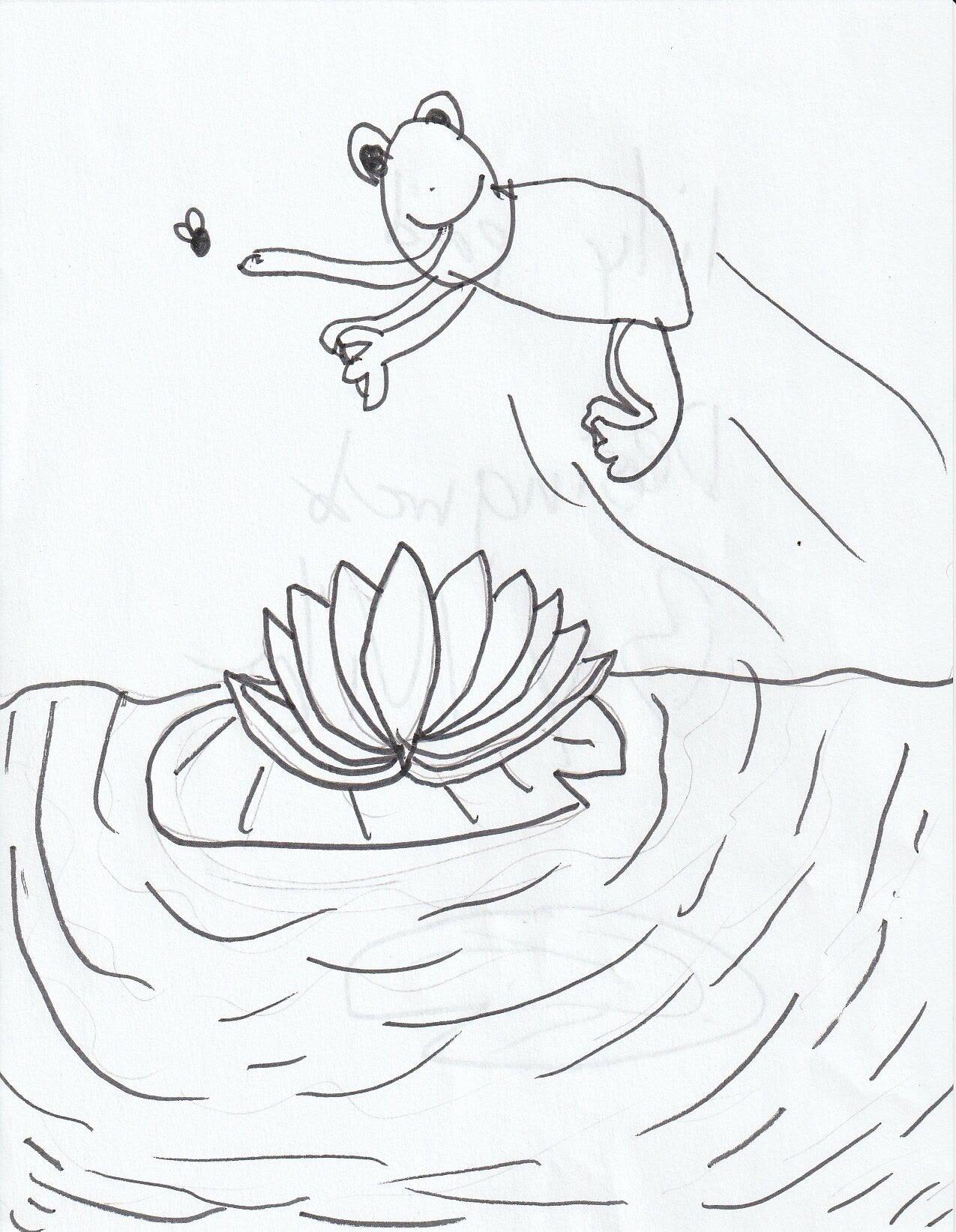 A frog leaping over a water lily on rippling water, chasing a small fly.