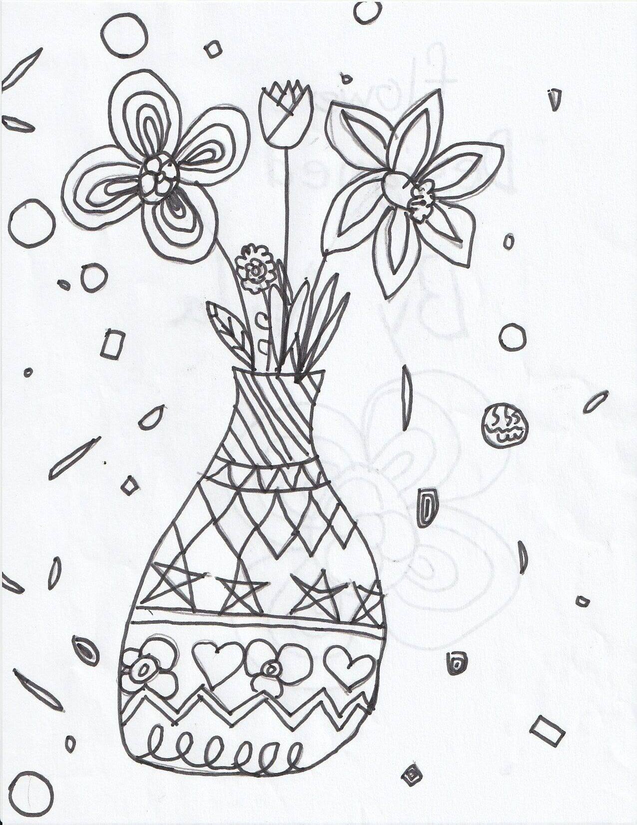 A tall patterned vase of tulips and daisies, with small confetti shapes floating around it.