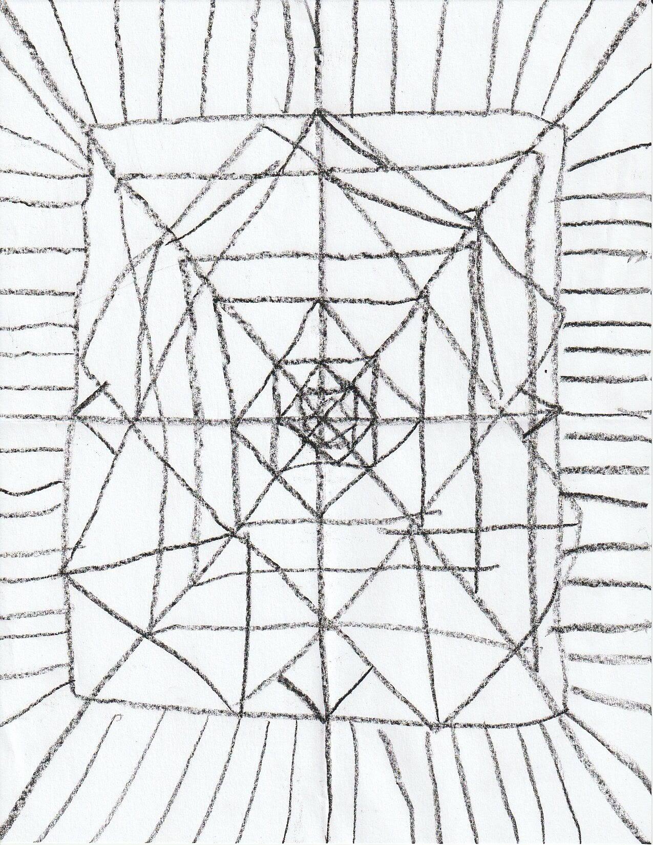 Nested squares turning inwards to a small spiral, edged all round with fine radiating hatch lines.