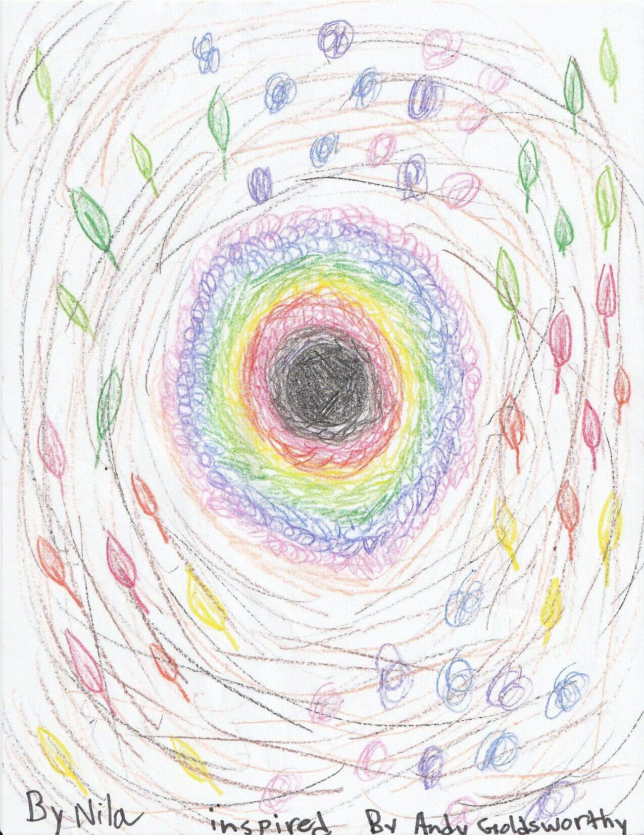 Coloured pencil spiralling out from a dark centre in rainbow rings, with small leaf shapes scattered through the loops.
