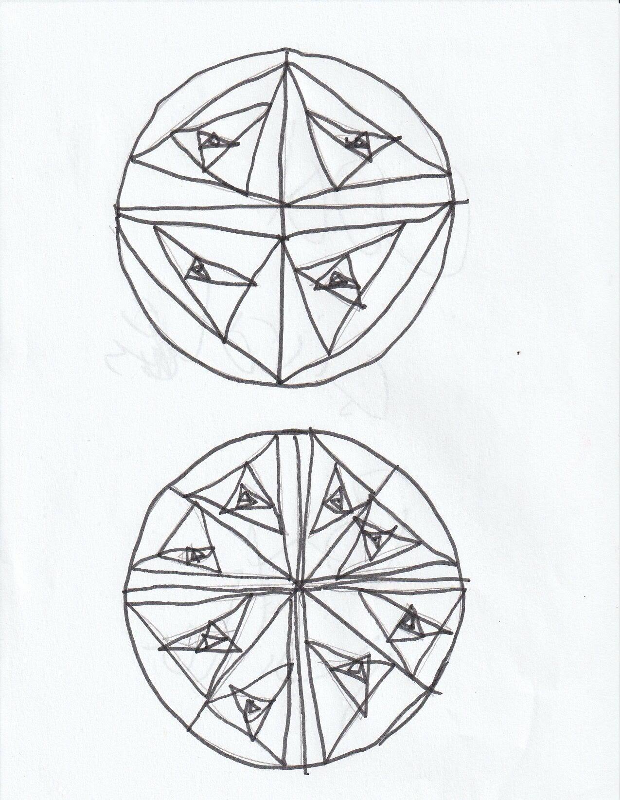 Two round medallions divided into triangular segments filled with star and arrow motifs.