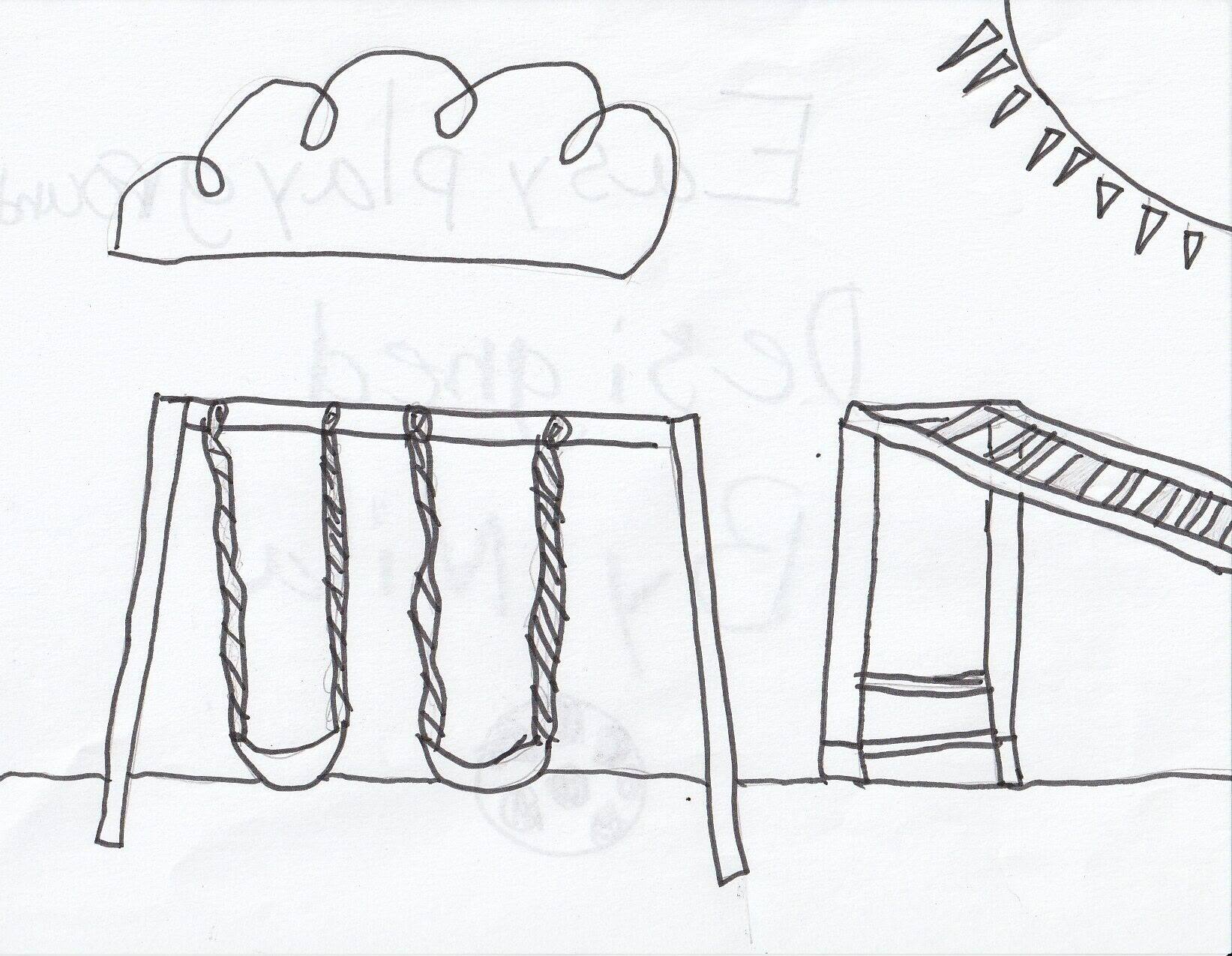 A playground drawn in outline: a swing set with two rope swings, a slide, a cloud overhead and a string of bunting flags.