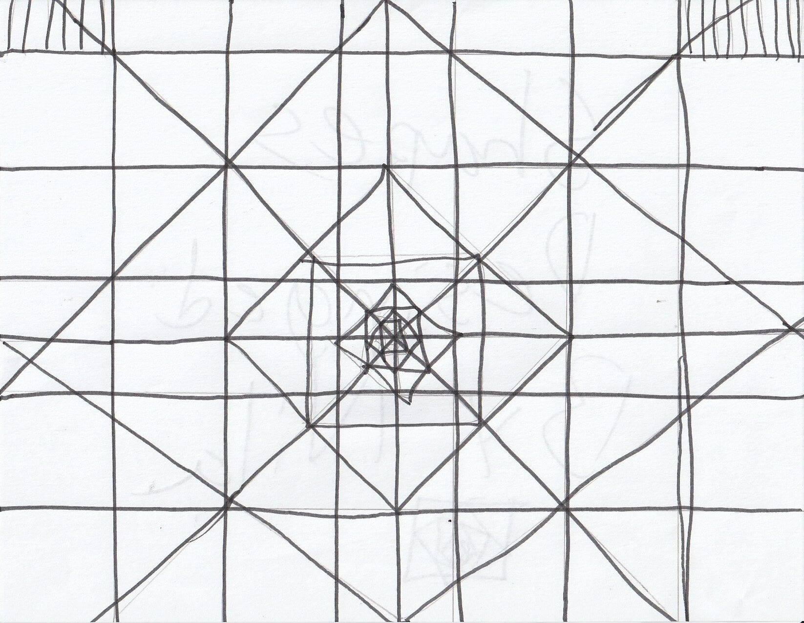 A grid of straight ruled lines crossing into nested diamonds and triangles that shrink towards a small star at the centre.