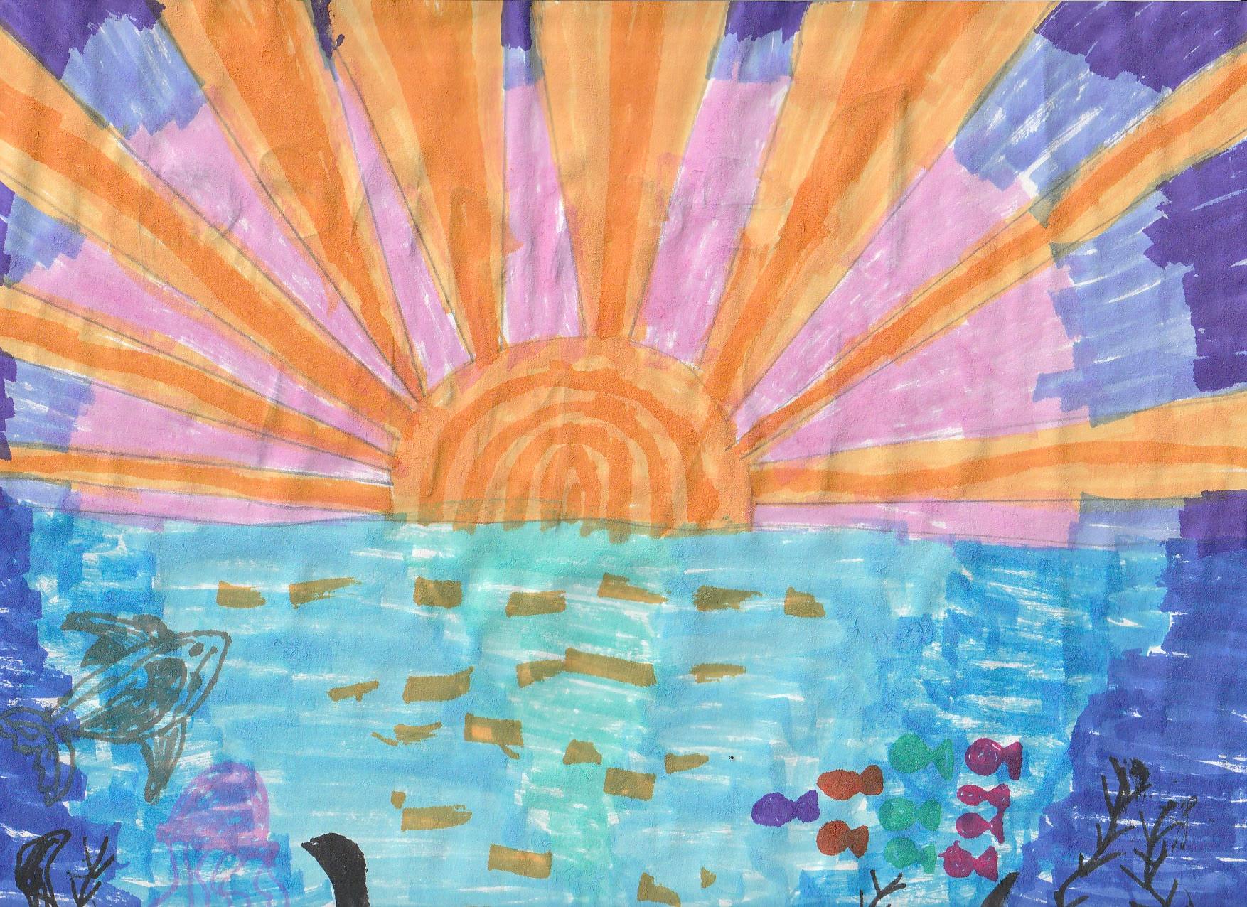 A painting of the sun rising over the sea, orange rays fanning across a pink and purple sky, with fish, seaweed and a turtle in the blue water below.