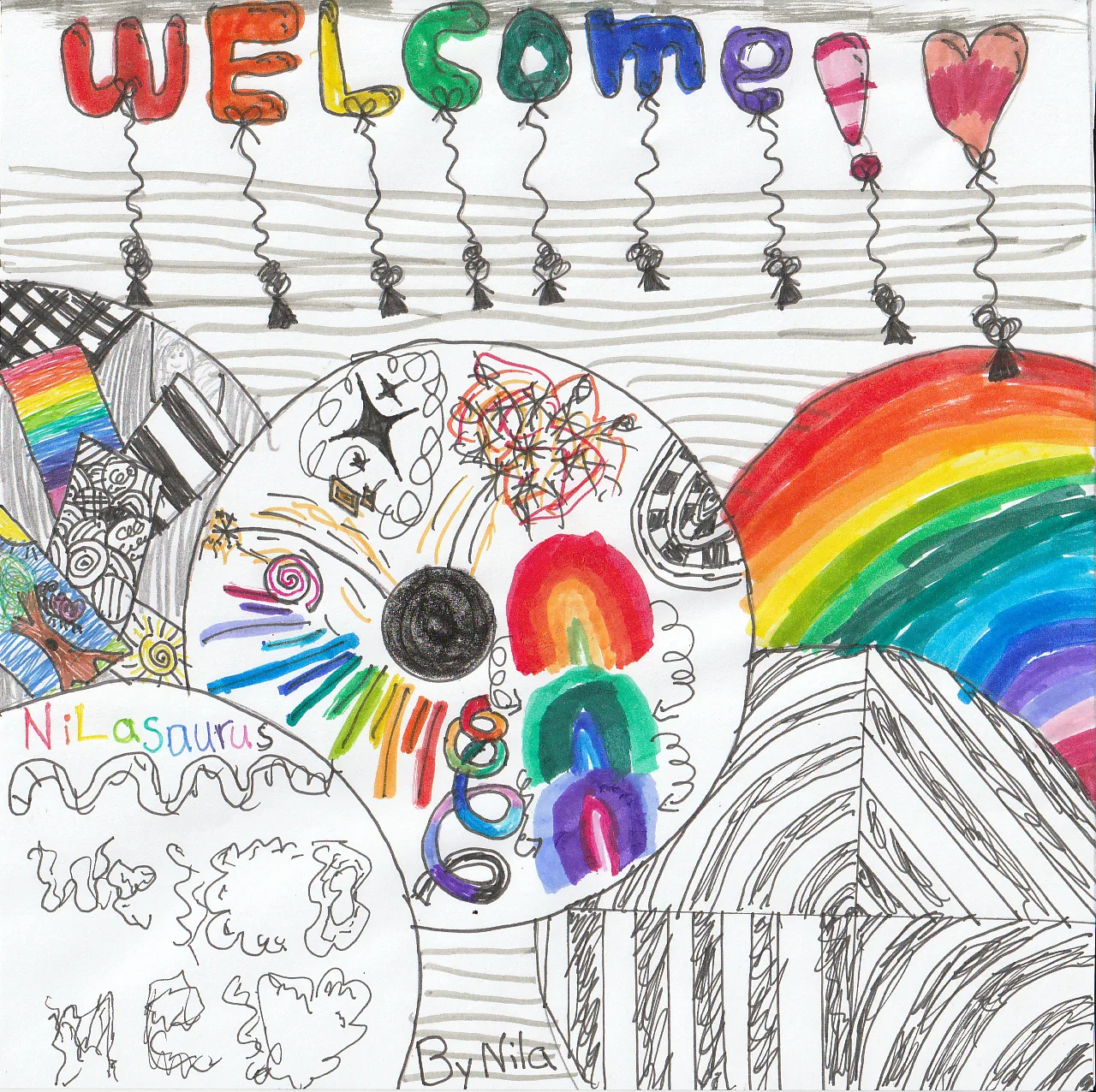 Nila's hand-drawn welcome picture: rainbow balloon letters spelling 'Welcome!', a heart, and a colourful mandala, signed By Nila